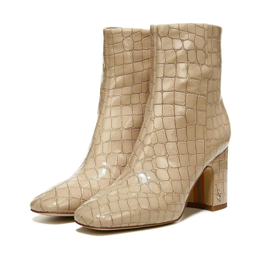 NIB Sam Edelman Fawn Ankle Bootie Size 8 M Chai Croc Patent Leather Block Heels